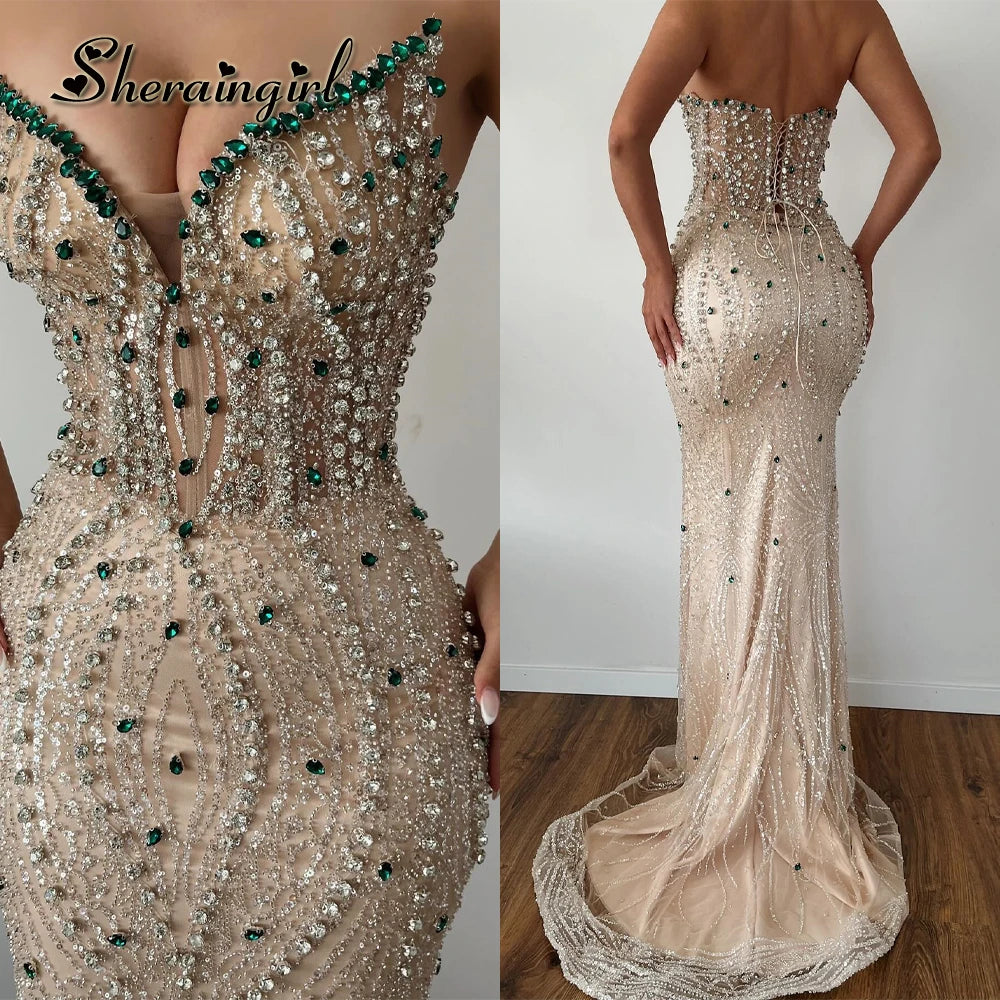 Sherain Bling Mermaid Prom Dress Rhinestones Sleeveless Brush