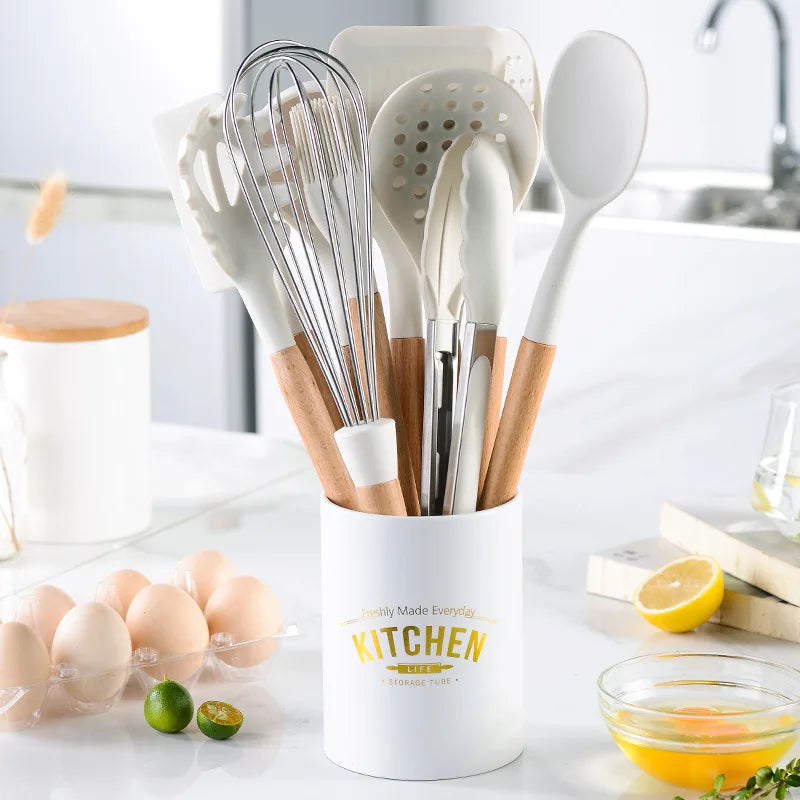White Silicone Wooden Handle Soup Spoon Spatula Brush