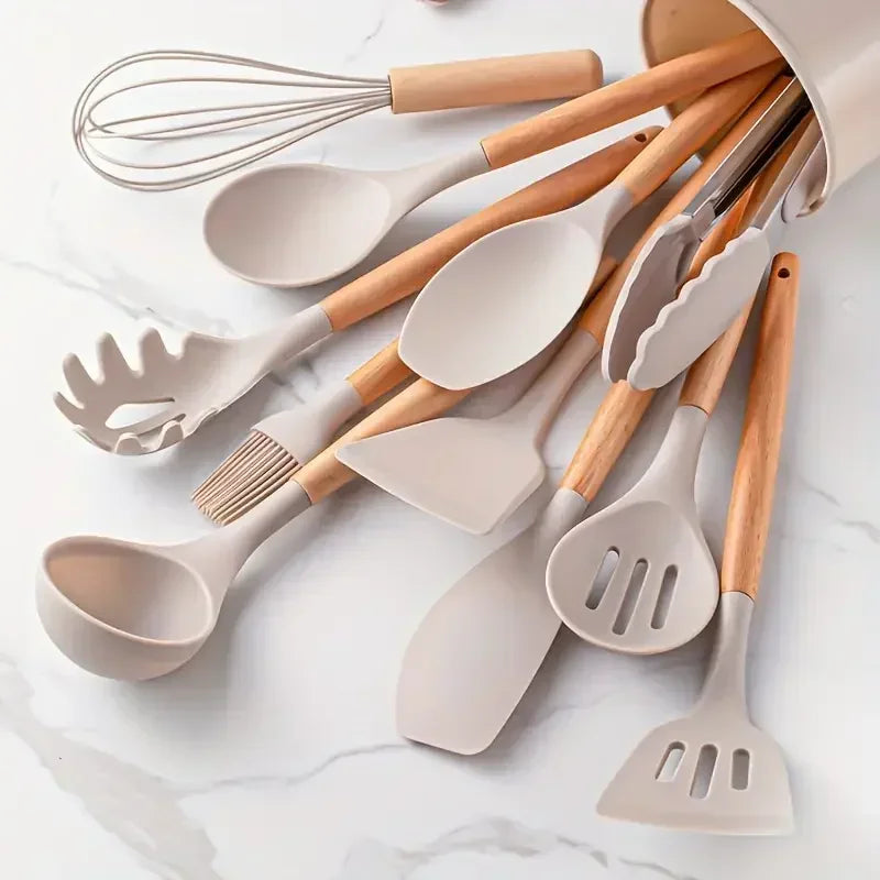 12pcs Of Multi-Color Silicone Wooden Handle Kitchenware Non