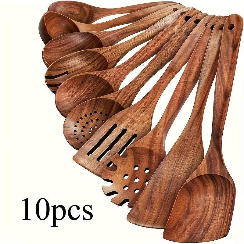10pcs Natural Wooden Cooking Utensils Kit - Spoons