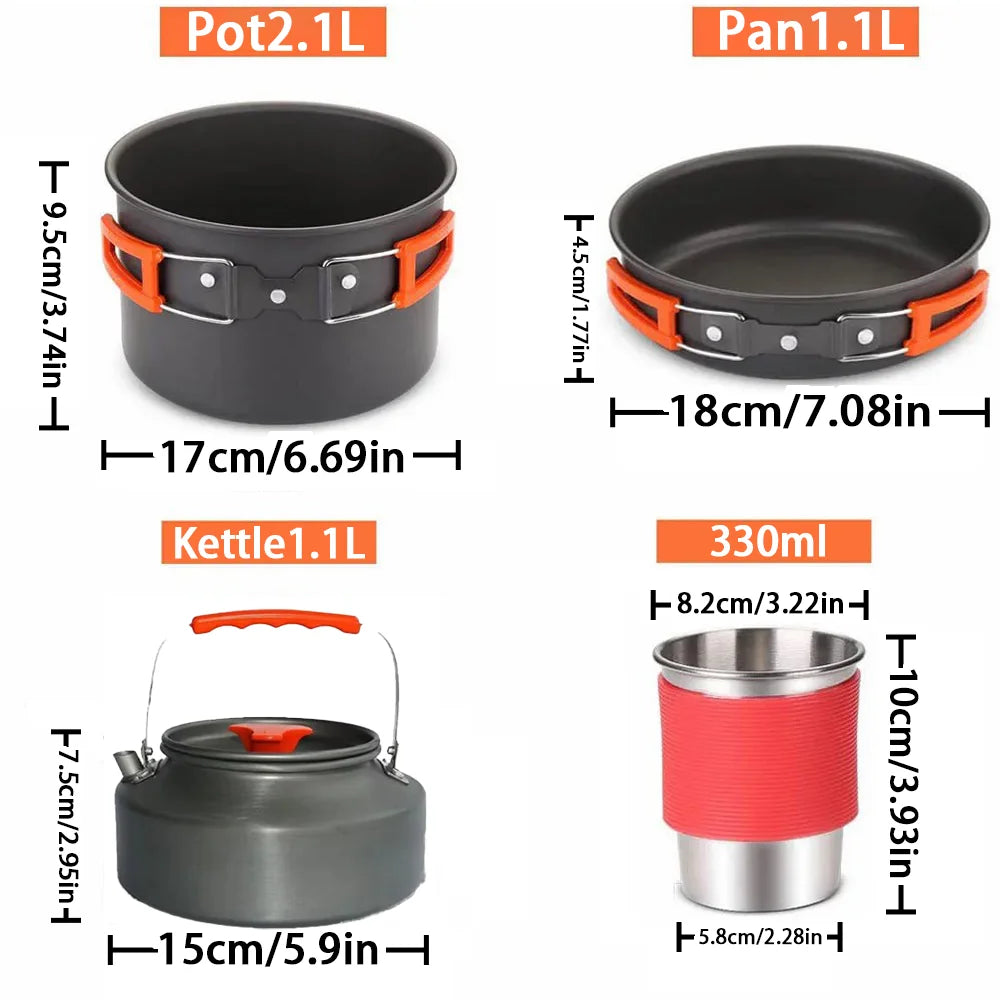 Camping Travel Equipment Tableware Cookware Kit Pots Burner