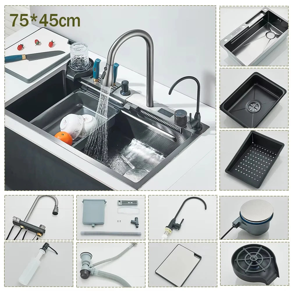 304 Stainless Steel Waterfall Sink Digital Display Large