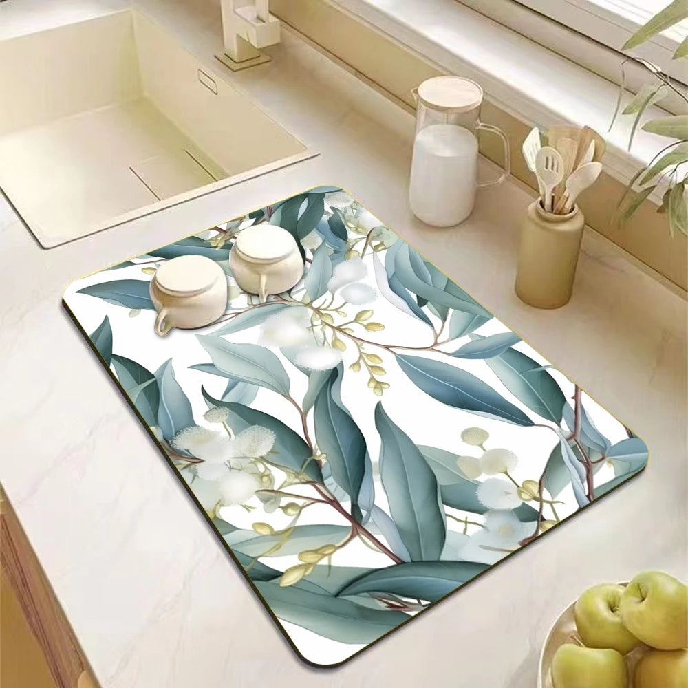 Eucalyptus Leaves Themed Dish Drying Mat Non-Slip Heat-Resistant