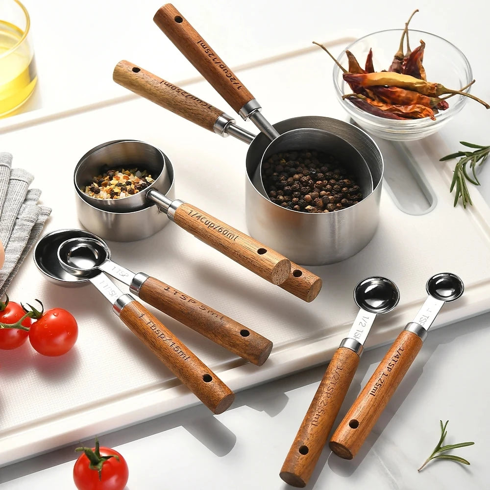 4/8pcs Stainless Steel Measuring Cups Spoons Wooden Handle