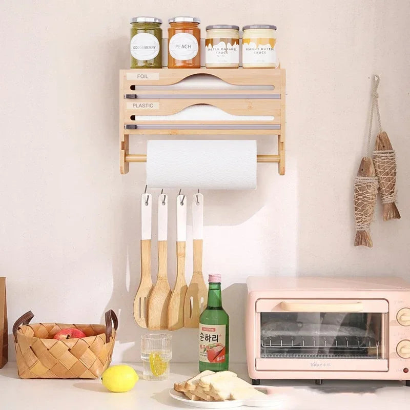 Bamboo Compartment Cling Film Tin Foil Cutter Box