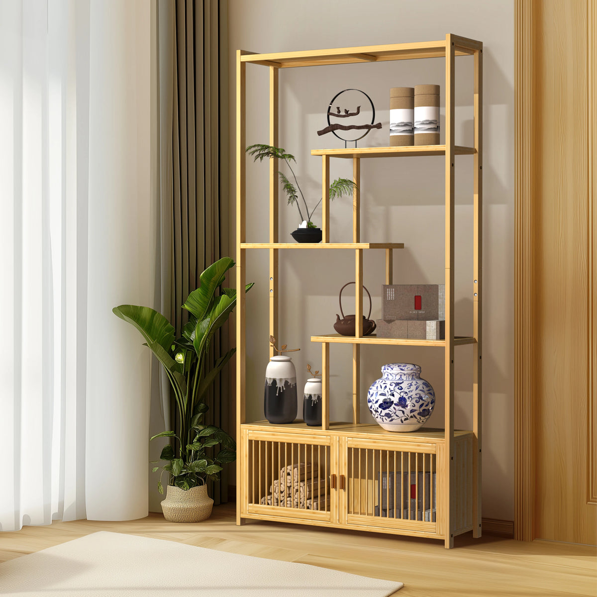 Bamboo Storage Rack Shelving Unit High Low Shelves