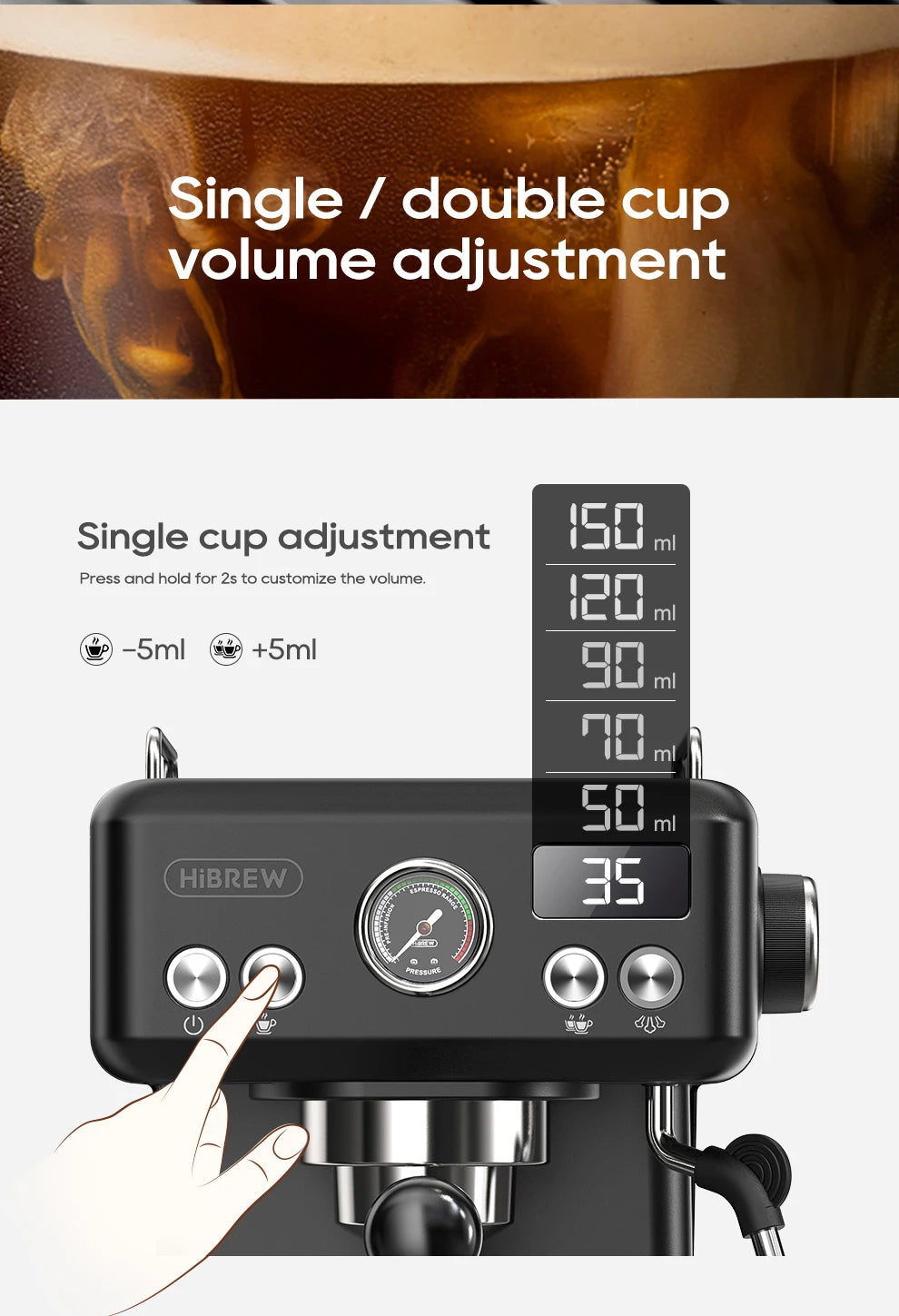 Hibrew H10a Black Espresso Machine Temperature Volume Pre