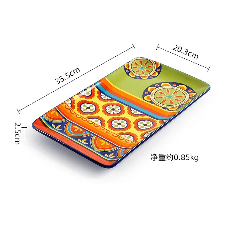 1pcs Ceramic Tableware Bohemian Flat Dinner Plate Western