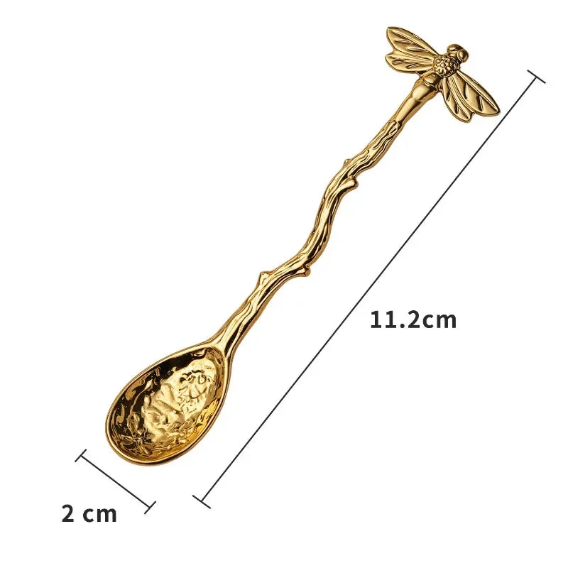 Retro Metal Coffee Spoon Dragonfly Branches Leaves Shape