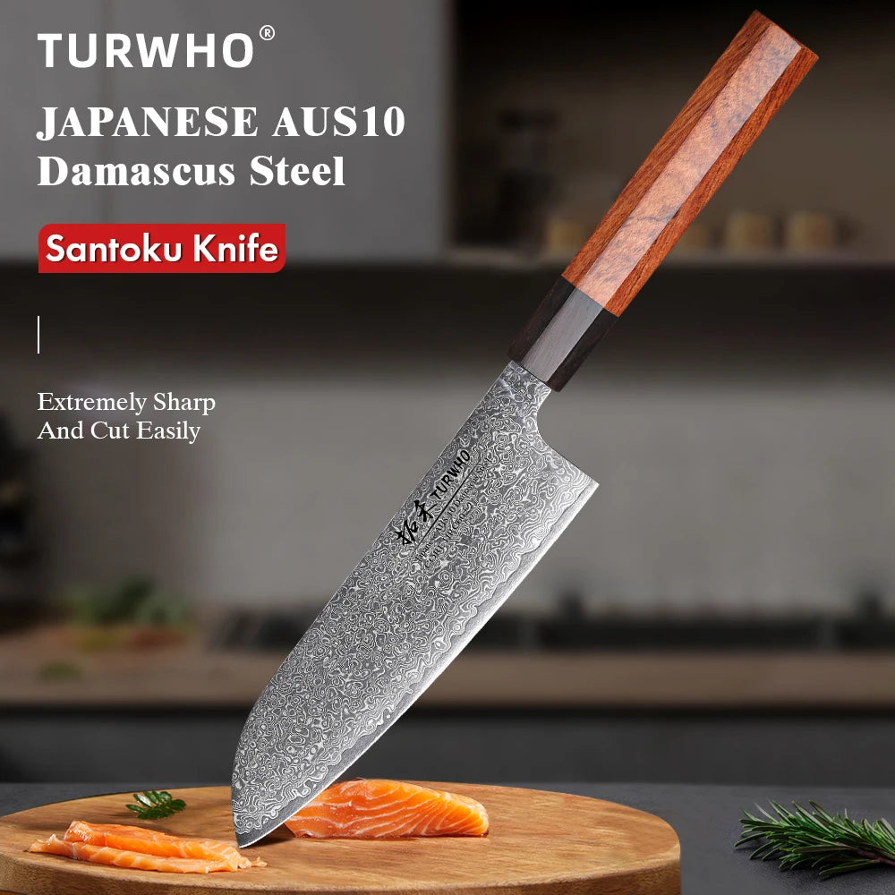 Turwho Santoku Knife Damascus Steel Chef Knives Sharp