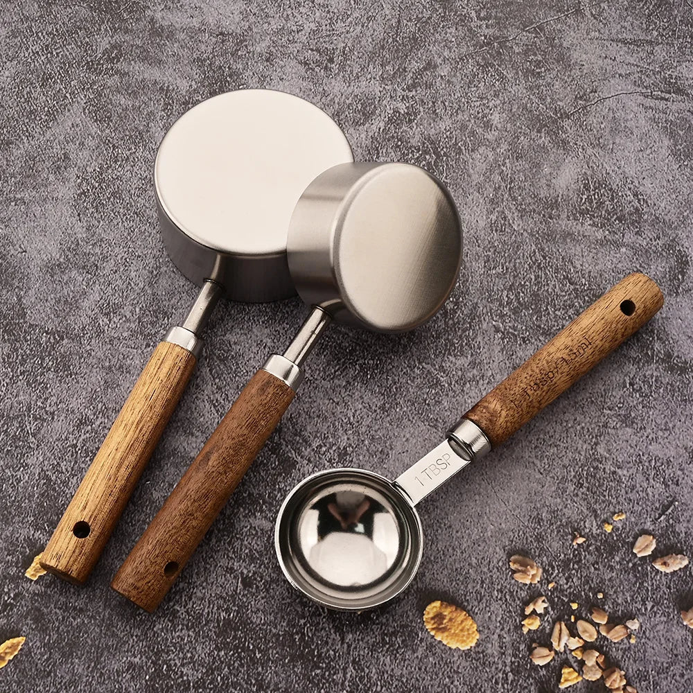 Gold Wooden Handle Stainless Steel Measuring Cups Spoons
