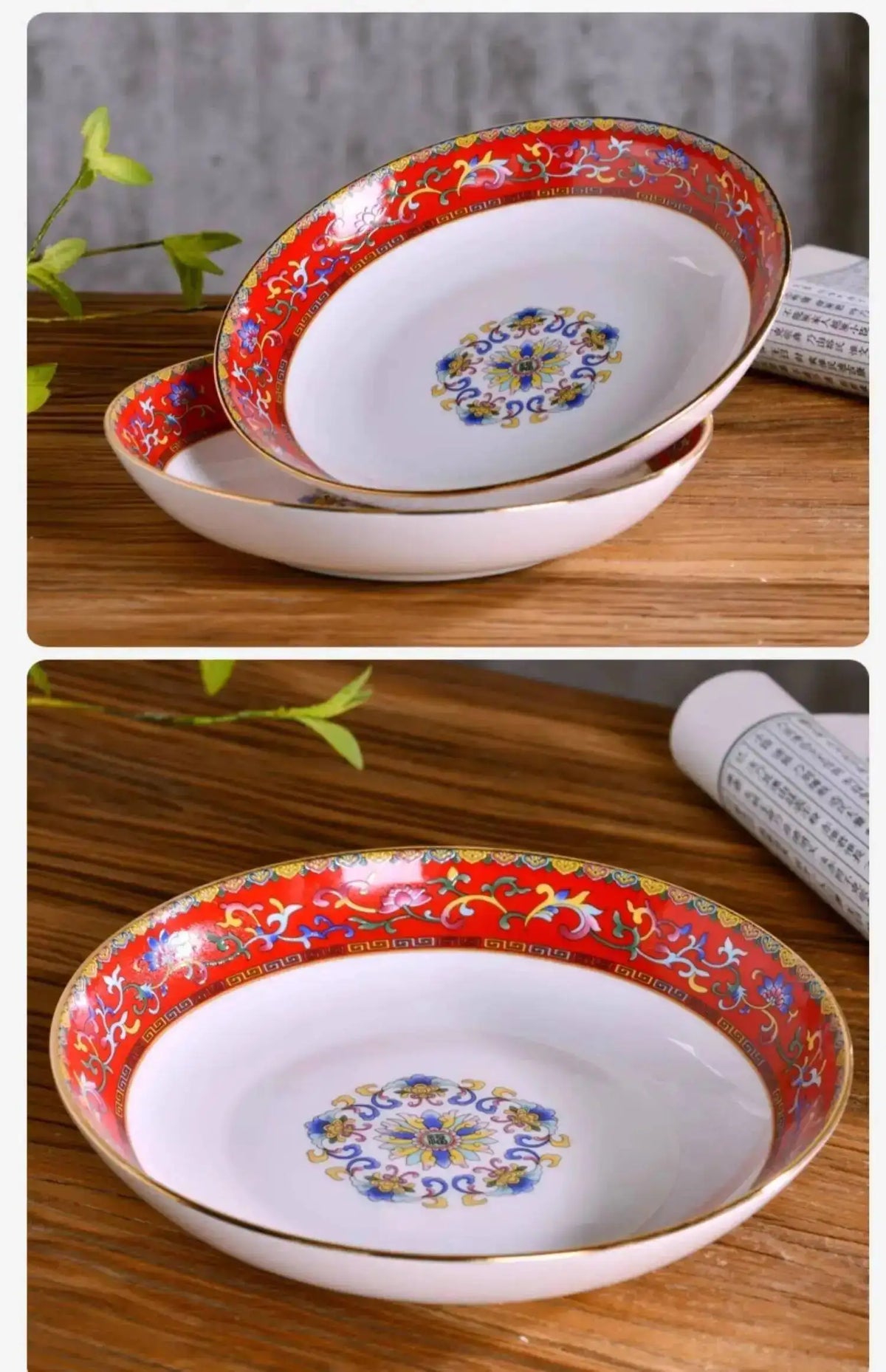 Gold Border Enamel Deep Plate Chinese Bone China