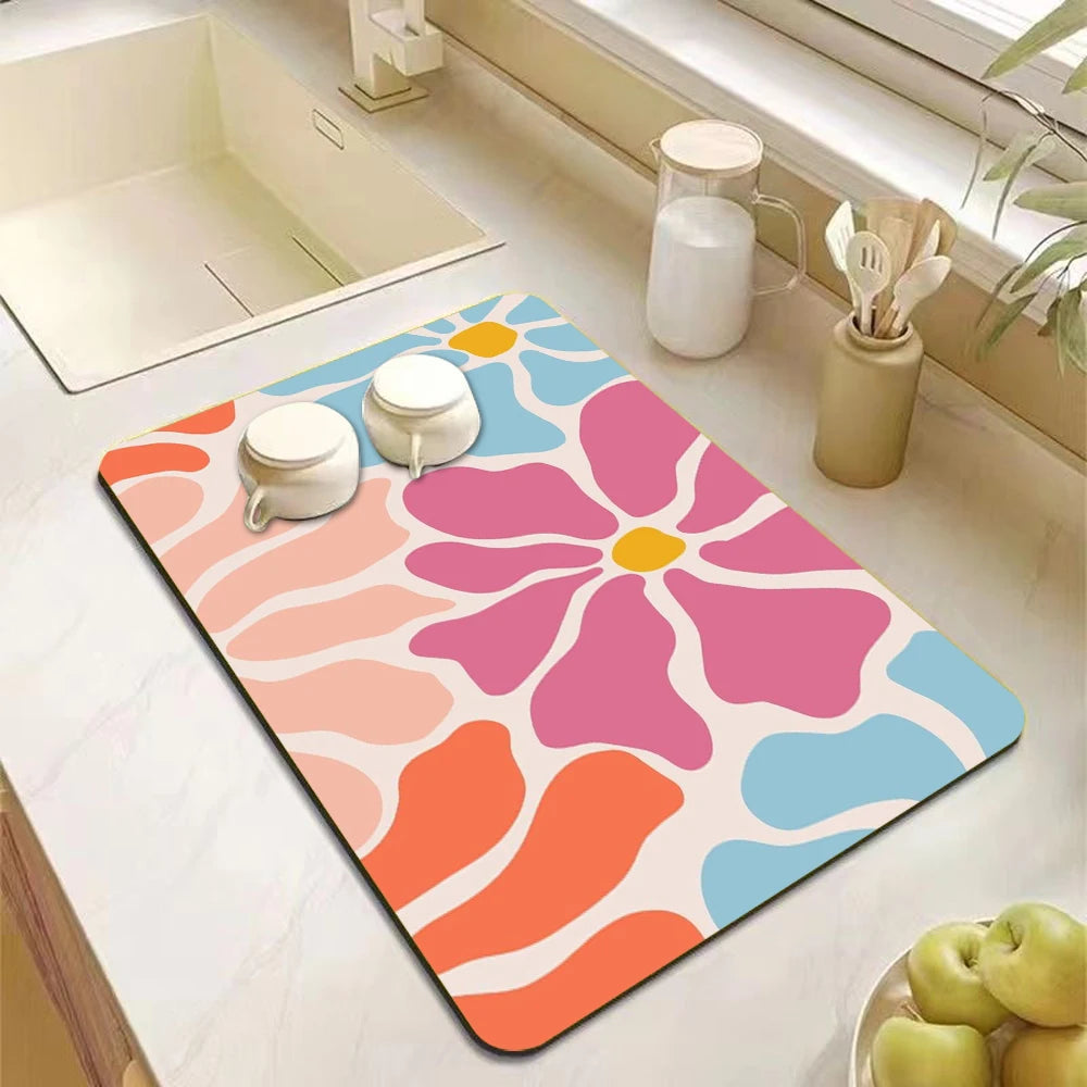 Abstract Floral Art Absorbent Drain Pad Mats Dish