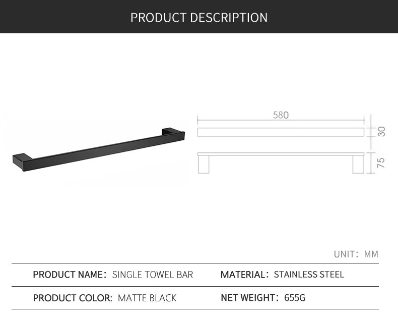 Matte Black Towel Bar Bathroom Hand Towel Holder