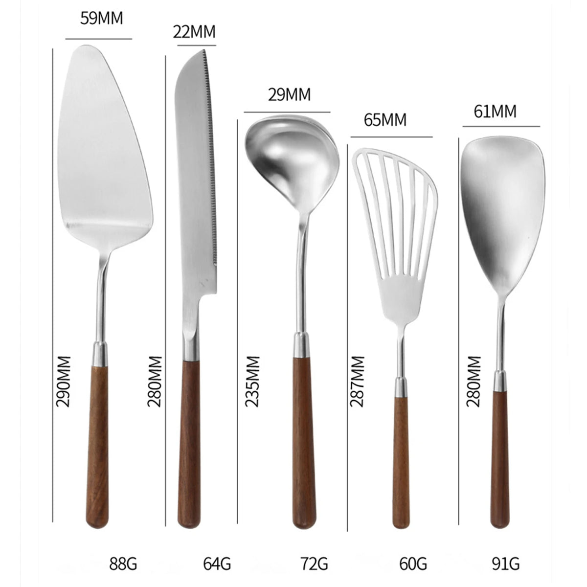 5pcs 304 Stainless Steel Nature Wood Kitchenware Cooking