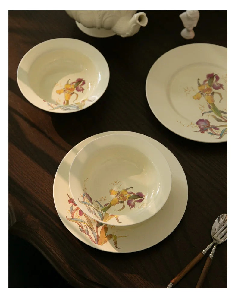 Ceramic Dinner Plate French Iris Dessert Bowl Dishes