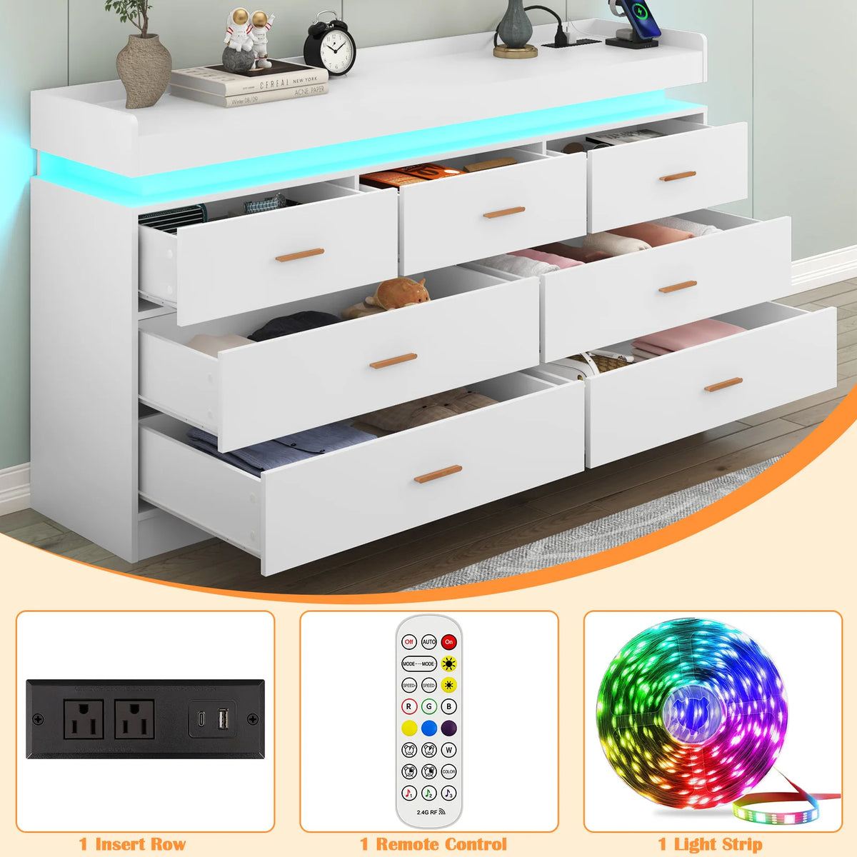Drawer Dresser Led Light Charging Station Modern Chest