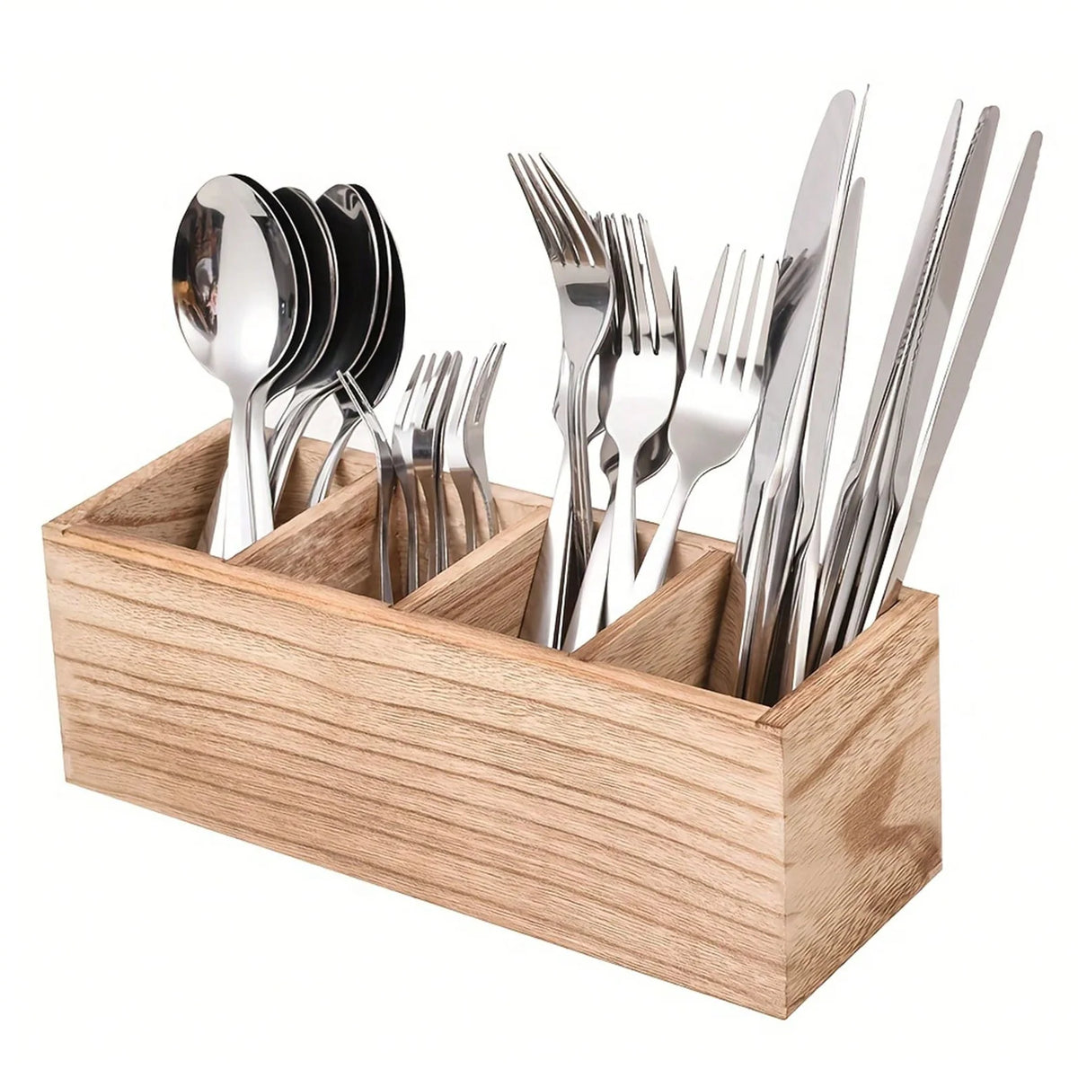 Wood Cutlery Caddy Utensil Organizer Compartments Silverware