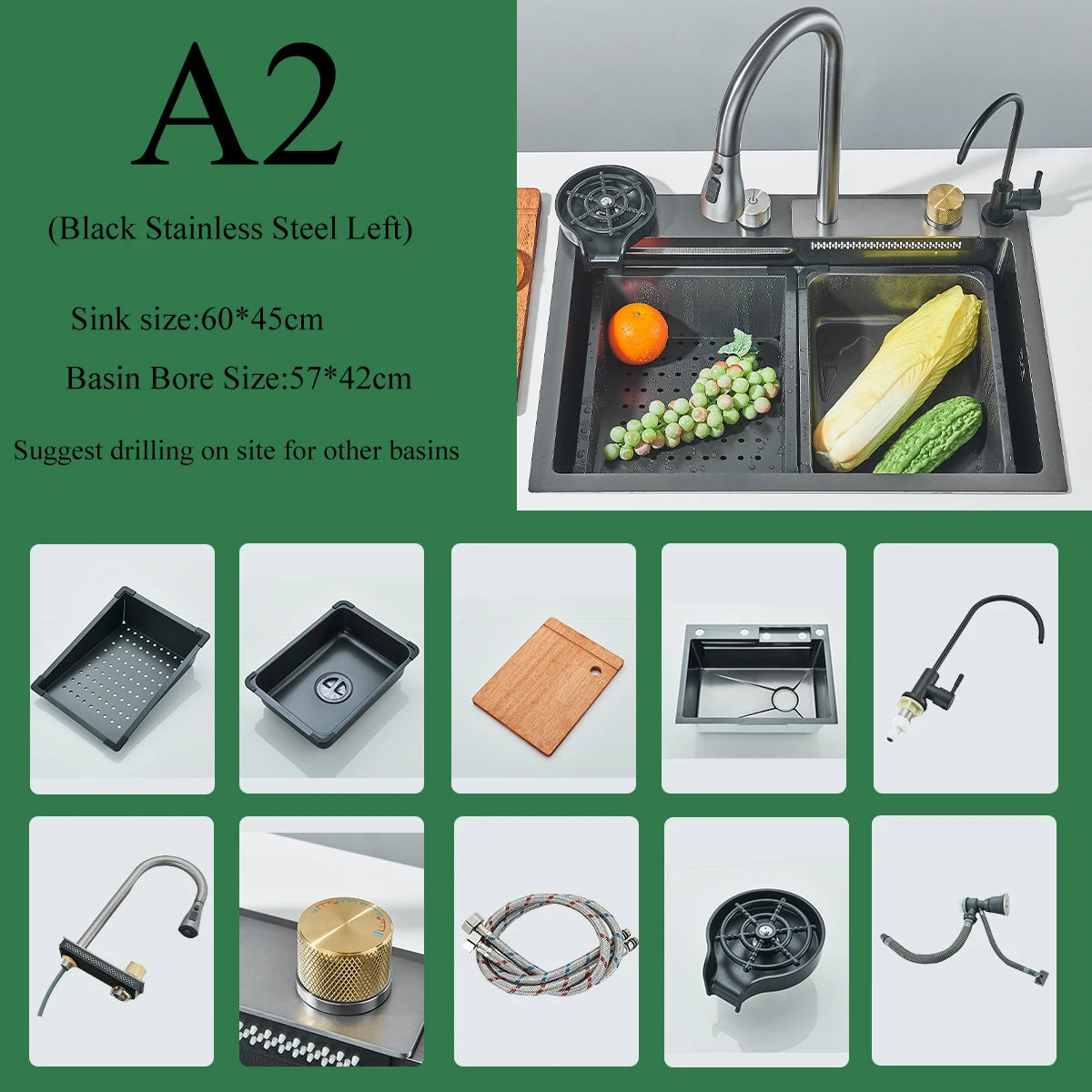 Stainless Steel Waterfall Sink Digital Display Large Sink