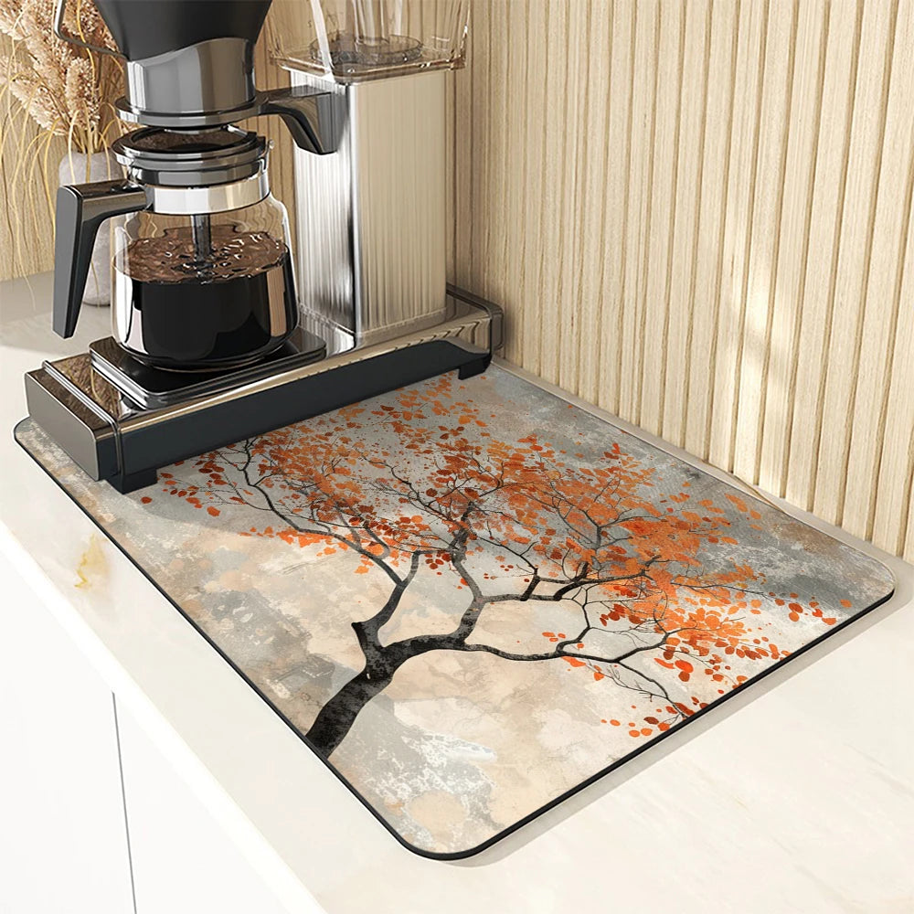 Large Absorbent Mat Autumn Leaves Antiskid Draining Coffee