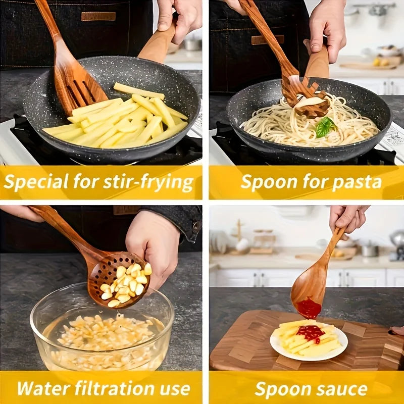 10pcs Natural Wooden Cooking Utensils Kit - Spoons