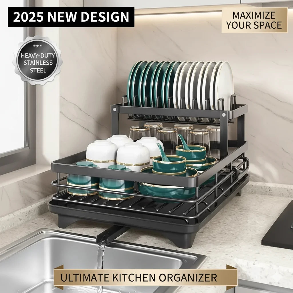 2-Tier Stainless Steel Dish Drying Rack Drainboard Rustproof