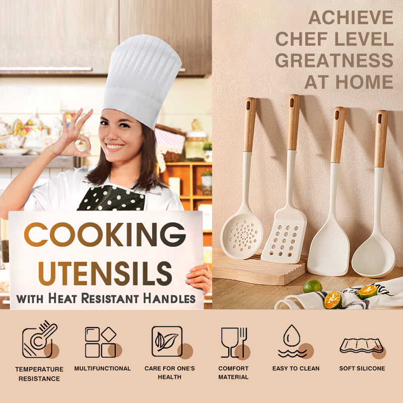 Silicone Cooking Utensils Durable Hardwood Handle Heat Resistant