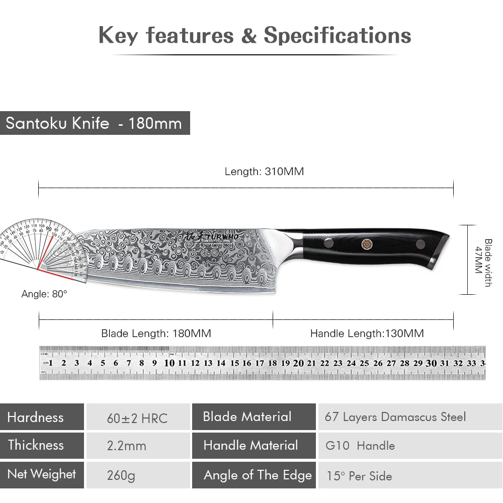 Japanese Style Santoku Knife Damascus Steel Professional Chef