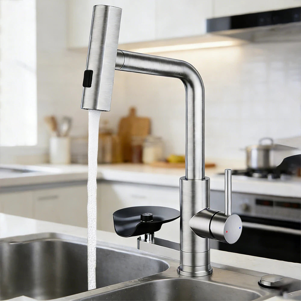 Brushed/Black Sink Faucet Cup Wash Waterfall Pull Out