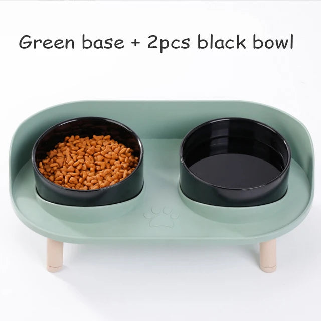 Cat Double Bowl Safety Wood Stand Silicone Mat