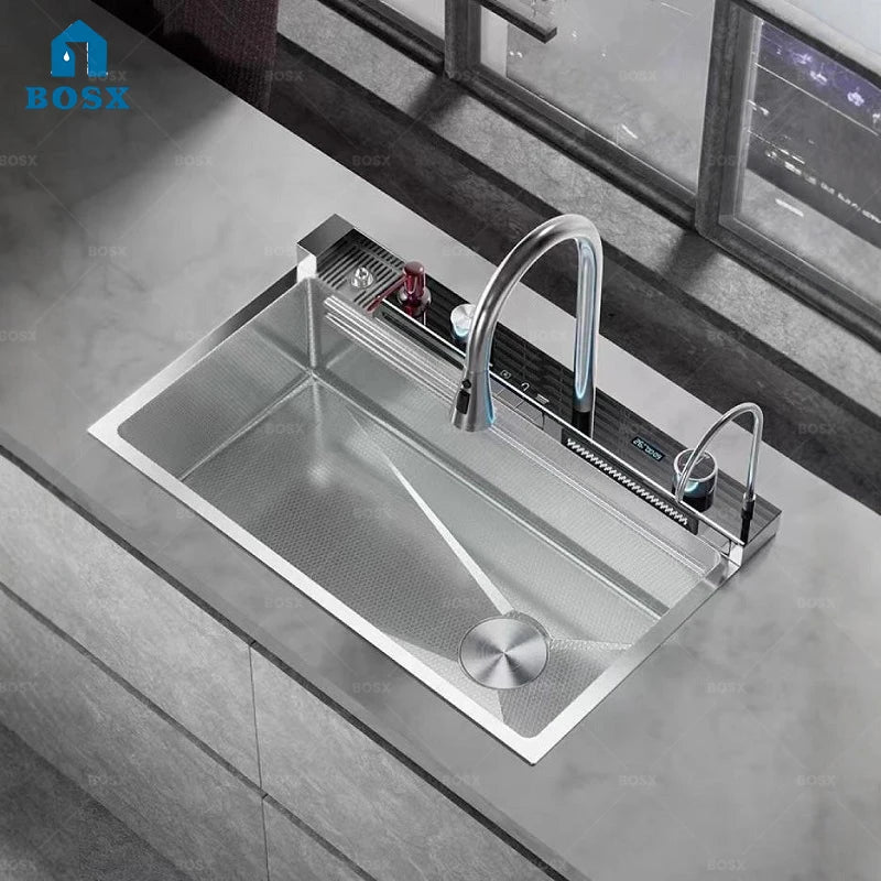 Waterfall Stainless Steel Sink Digital Display Faucet Wash