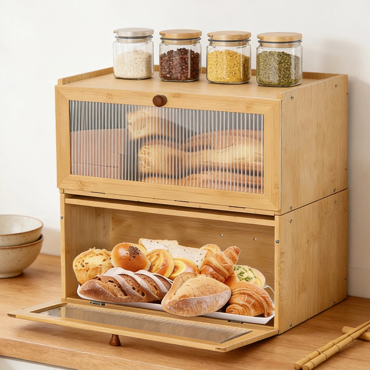 Natural Bamboo Bread Box Counter - Large Capacity
