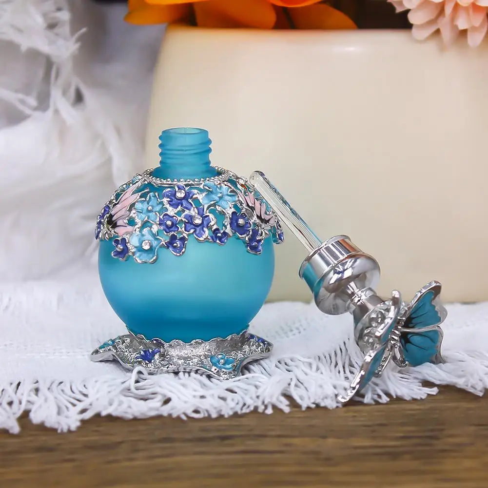Vintage Perfume Bottle Metal Enameled Frosted Glass Container