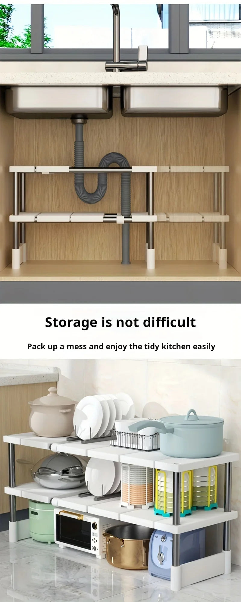 Adjustable Under Sink Storage Rack Expandable & Bathroom
