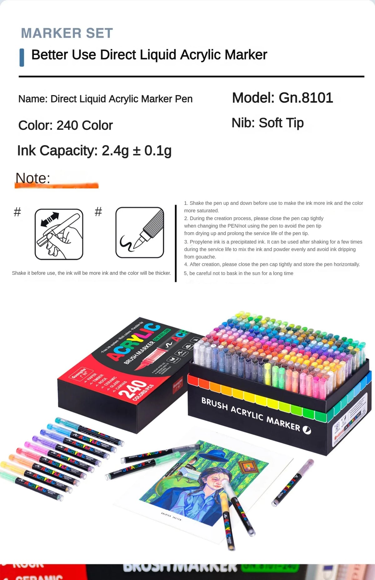 Guangna 12-240 Colors Direct-Liquid Acrylic Marker Paint Brush