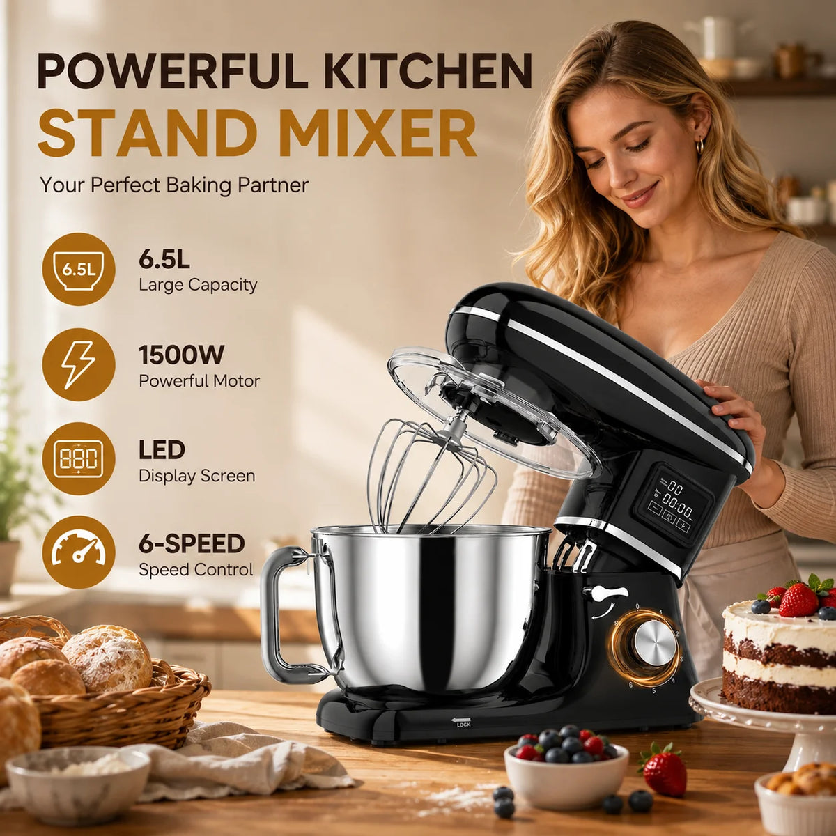1500w 6-Speed 2l Food Stand Mixer Electric Blender