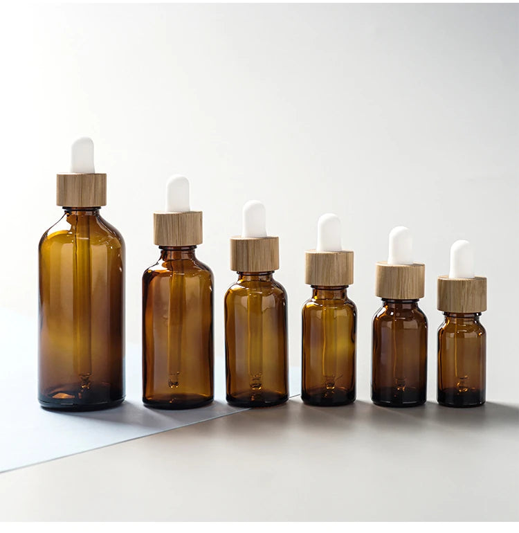 5ml-100ml Dropper Bottle Bamboo Wood Lid Brown Glass