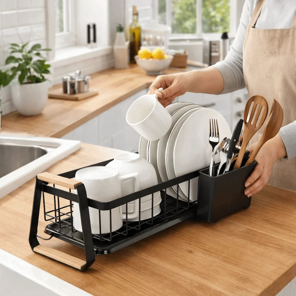 Detachable Dish Rack Wooden Handle Metal Frame Organizer