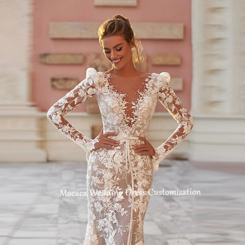 Luxury Beading Scoop Neck Long Sleeve Customized Exquisite