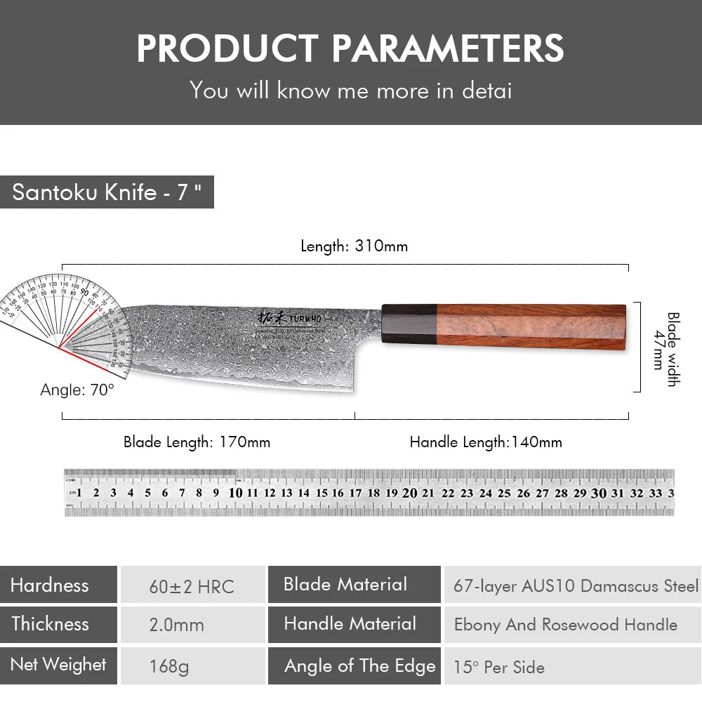 Turwho Santoku Knife Damascus Steel Chef Knives Sharp