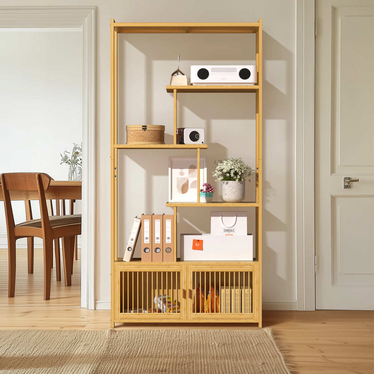 Bamboo Storage Rack Shelving Unit High Low Shelves