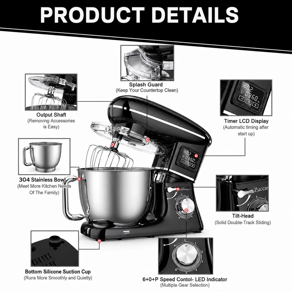 1500w 6-Speed 2l Food Stand Mixer Electric Blender