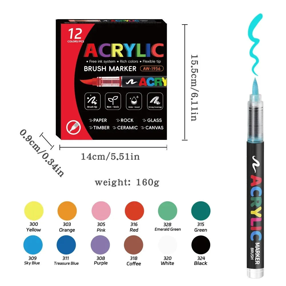 12/168/288 Colors Acrylic Paint Pen Marker Brush Tip
