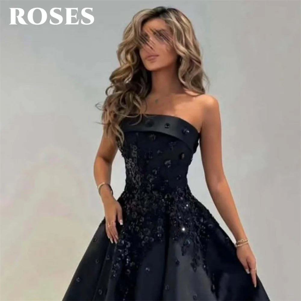 Roses Black Formal Dress Stain Strapless Party Dress
