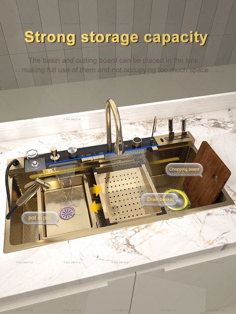 Stainless Steel Sink Large Slot Waterfall Digital Display