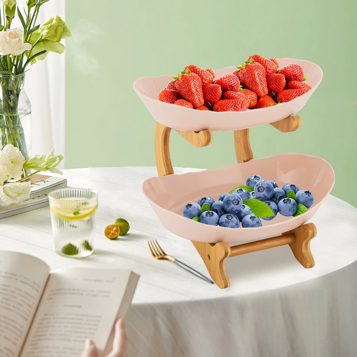 2-Tier Fruit Bowl Bamboo Fruit Basket Stand Food-Grade