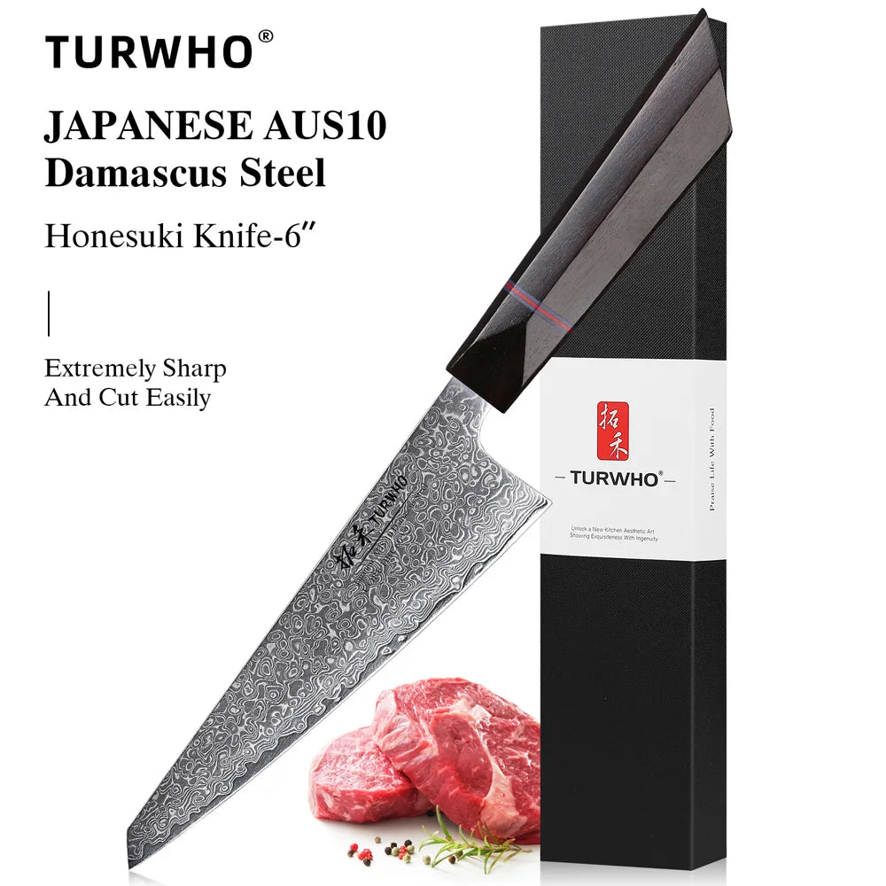 Turwho Honesuki Knife Damascus Steel Professional Chef Knives
