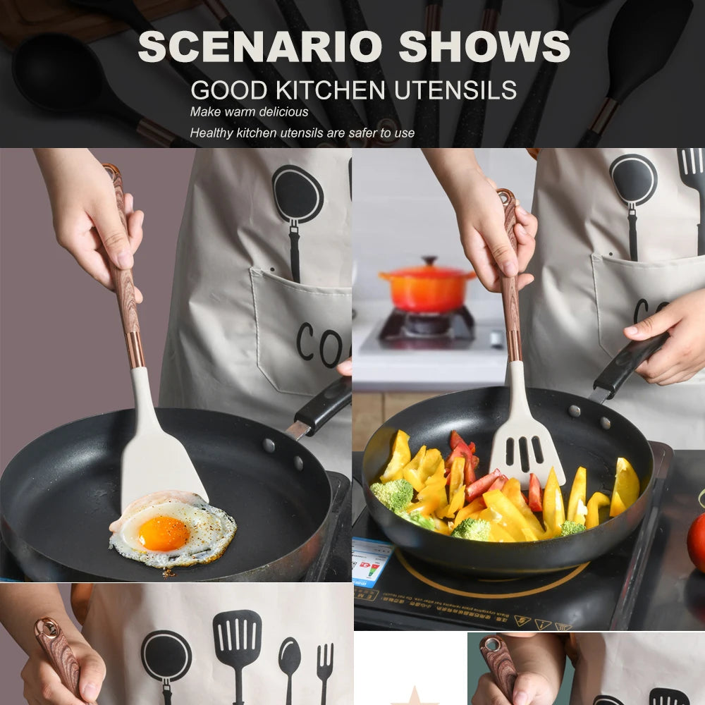 Gold Plated Handle Silicone Cooking Utensils Non-Stick Bpa