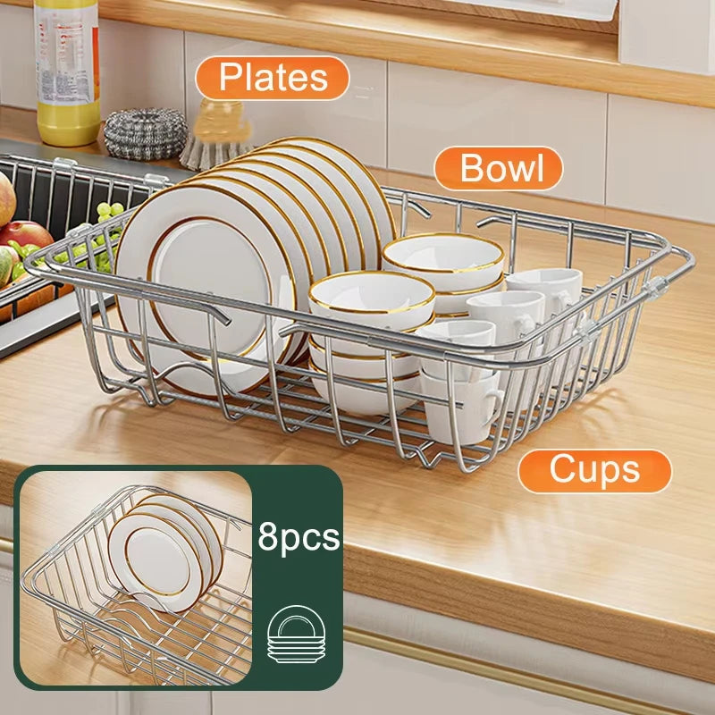Adjustable Drain Baskte Stainless Steel Sink Tableware Rack
