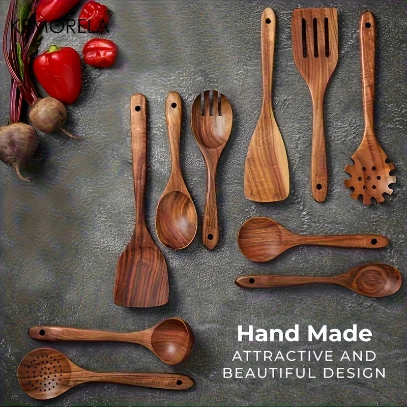10pcs Natural Wooden Cooking Utensils Kit - Spoons